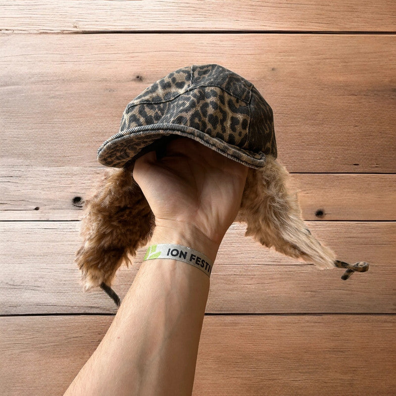 Vintage style trapper Russian ear flap hat cap in leopard & beige colour way. One size.