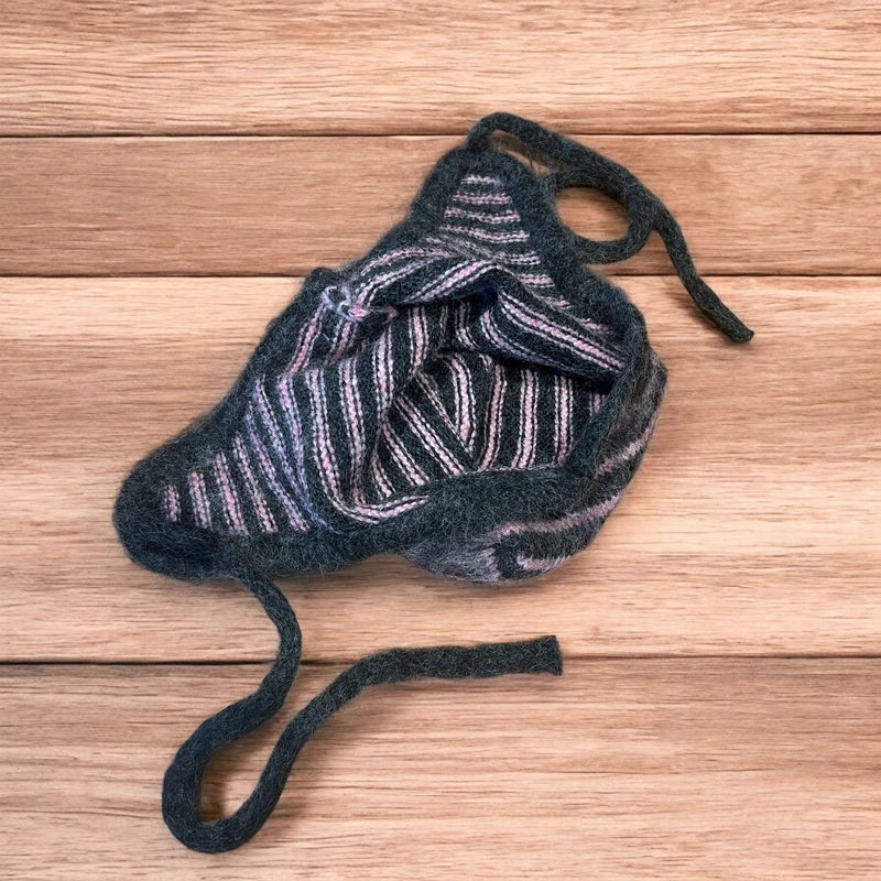 Lovely vintage style knitted ear flap hat bonnet in pink/grey stripes. One size.