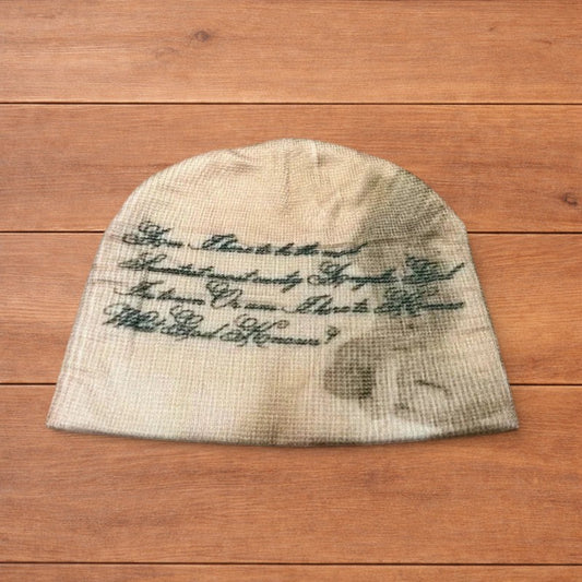 Cool Japanese vintage style beanie hat in cream/beige with graphic design.