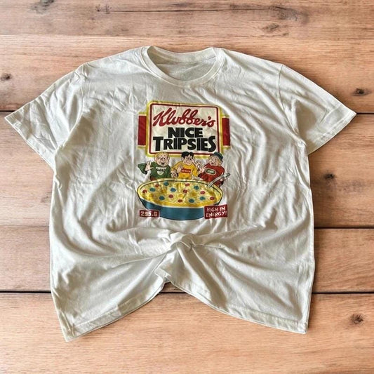 Novelty funny Nice Tripsies cereal tshirt in white with front graphic print.