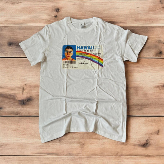 Novelty Superbad Mclovin I.D. T-shirt with front graphic print in white.