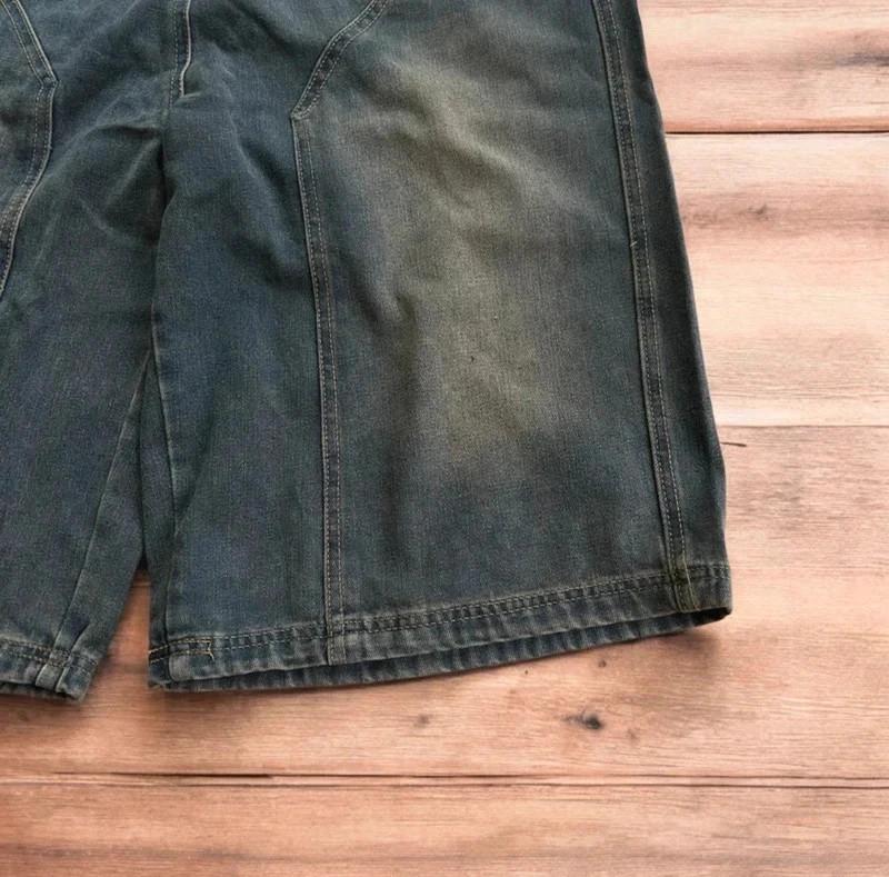 Incredible super baggy wide leg denim carpenter shorts jorts in dark blue wash.