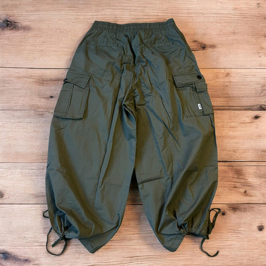 Insane super baggy wide leg Korean cargo parachute trousers in khaki green.