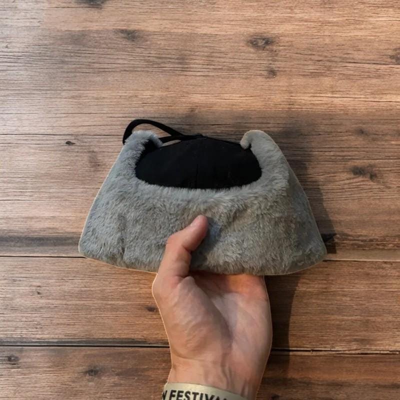 Russian ushanka trapper ear flap winter hat in black/grey colour way. 55-59cm