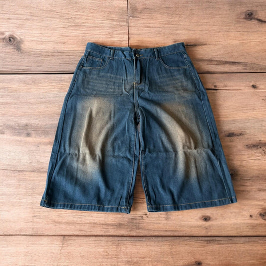 Incredible super baggy wide leg denim shorts jorts in dark blue wash.