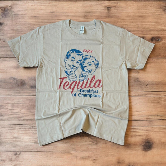 Vintage style Novelty Tequila The Breakfast of Champions tshirt in beige.