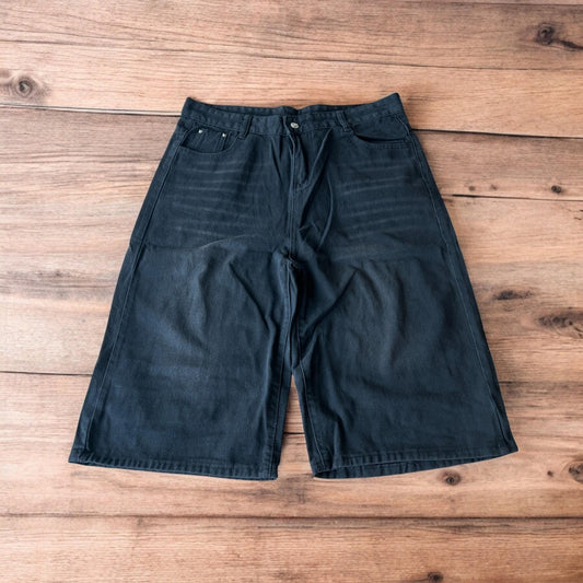 Incredible super baggy wide leg denim shorts jorts in black.