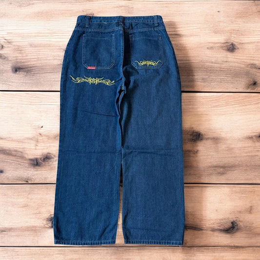 Insane baggy relaxed fit jeans in washed dark blue with embroidery.