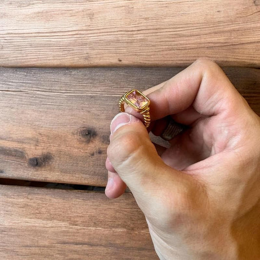 Lovely vintage style gold ring with pink gemstone. All sizes.