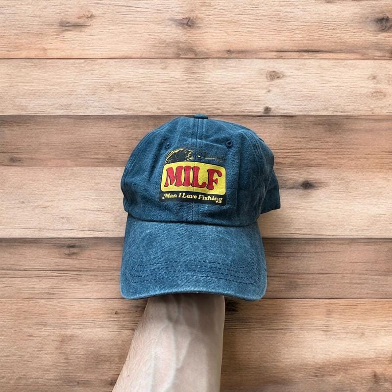 Vintage style Milf fishing cap hat in washed navy blue. One size fits all.
