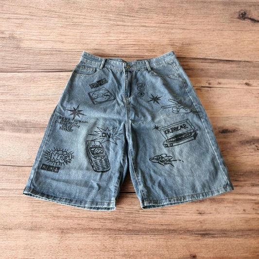 Incredible baggy wide leg denim shorts jorts with graffiti/graphic in light blue.
