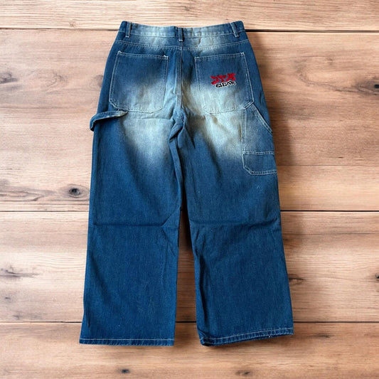 Insane baggy relaxed fit washed blue jeans with red embroidery.