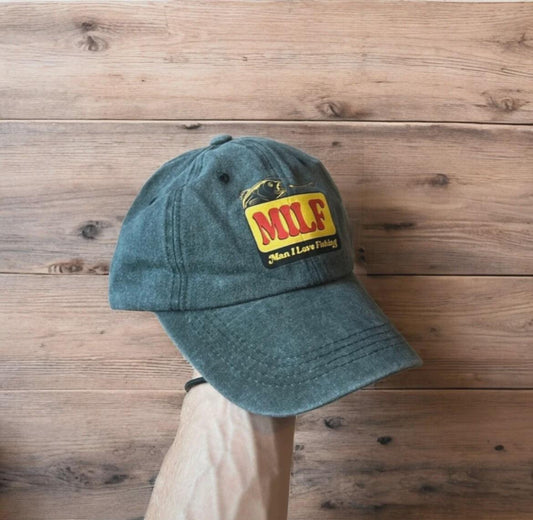 Vintage style Milf fishing cap hat in washed grey. One size fits all.