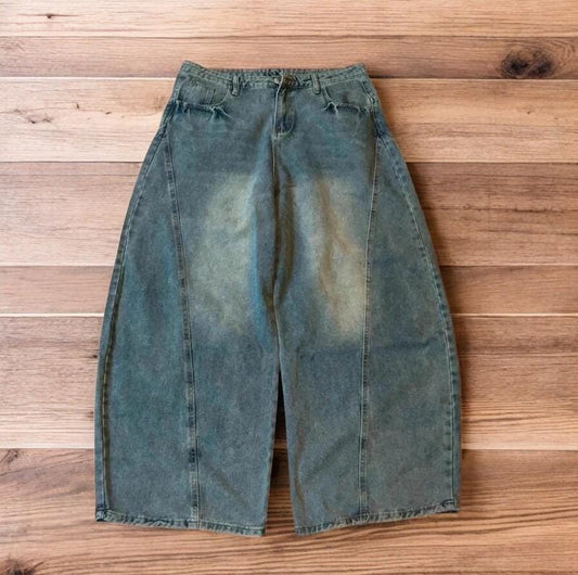 Incredible vintage style baggy wide leg skater fit jeans with fade in light blue.