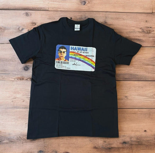 Novelty Superbad Mclovin I.D. T-shirt with front graphic print in black.