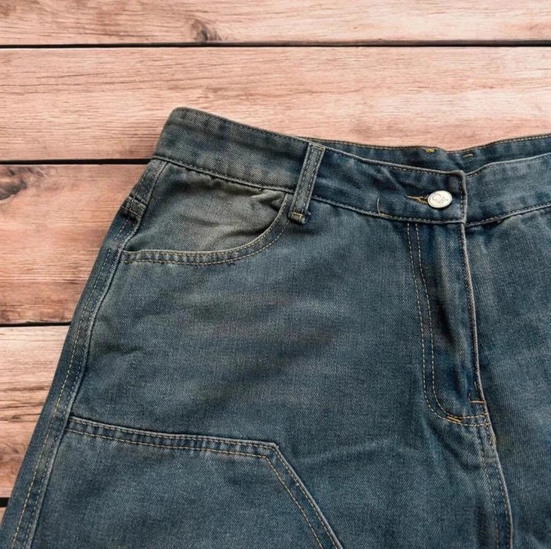 Incredible super baggy wide leg denim carpenter shorts jorts in dark blue wash.