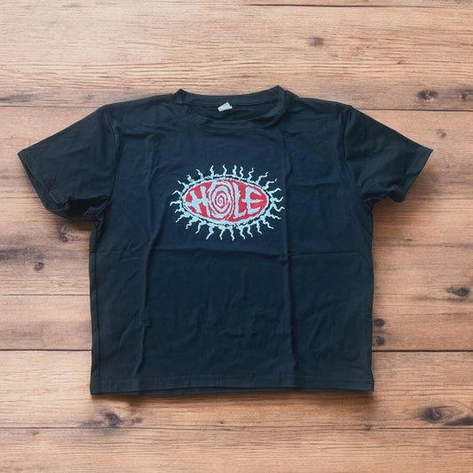 Vintage style baby cropped tshirt top in black with graphic print.