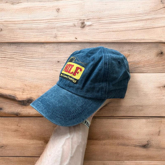 Vintage style Milf fishing cap hat in washed navy blue. One size fits all.