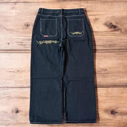 Insane baggy relaxed fit jeans in washed black with embroidery.