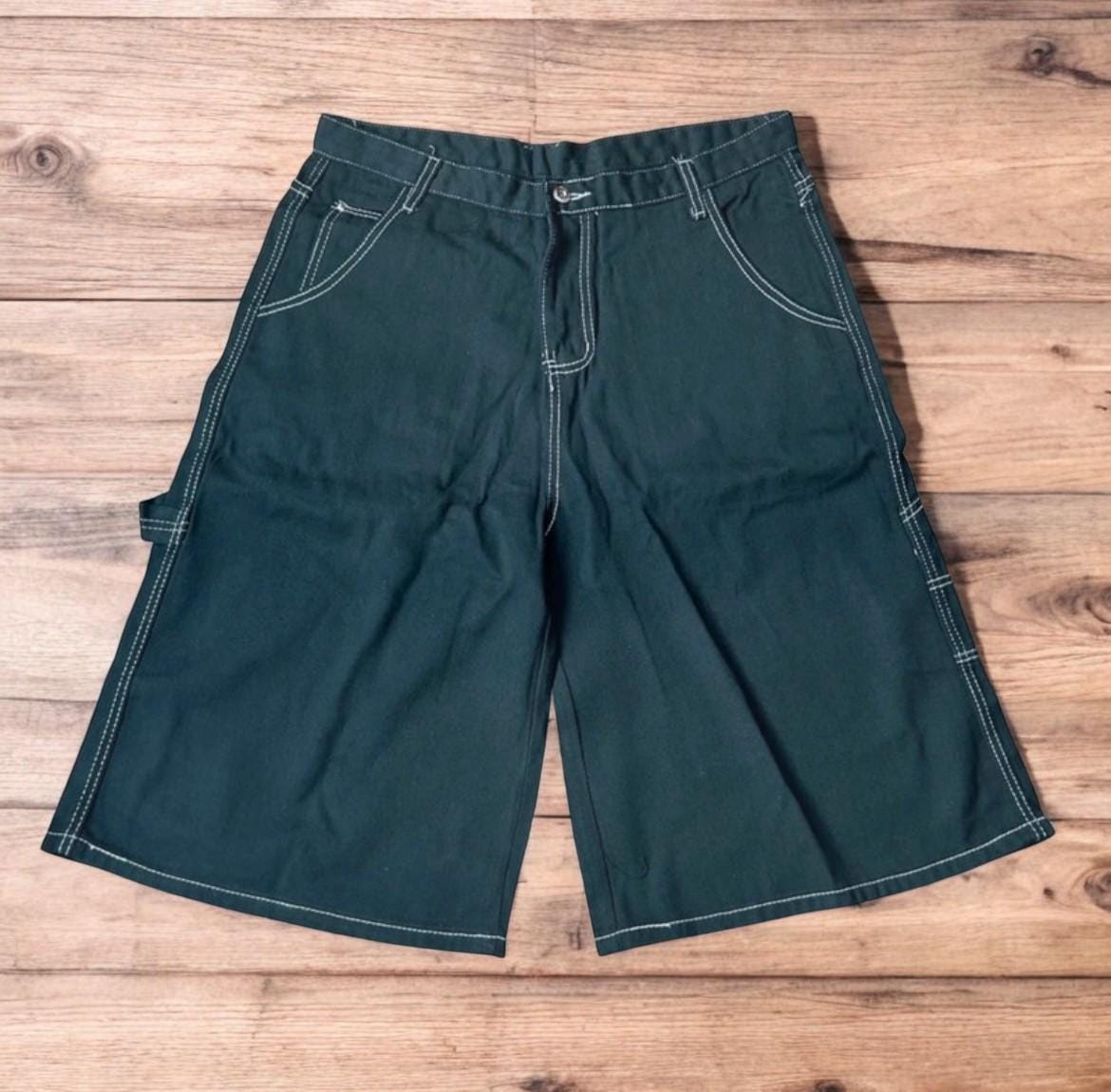 Insane super baggy long skater jean shorts jorts in black with embroidered design.