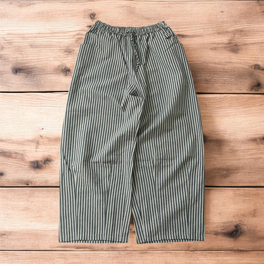 Vintage style baggy wide leg striped linen style trousers in beige/black.