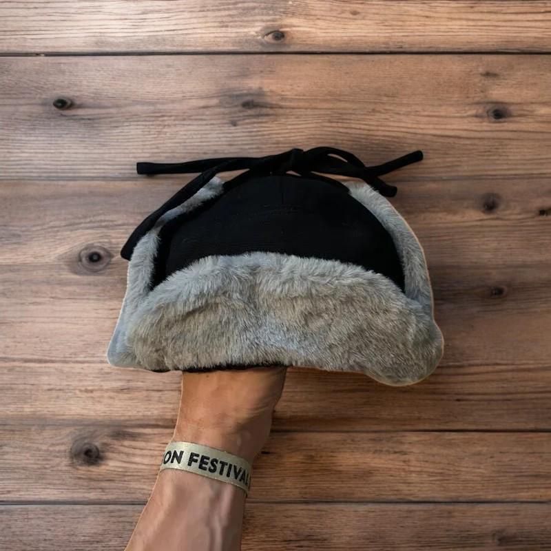 Russian ushanka trapper ear flap winter hat in black/grey colour way. 55-59cm