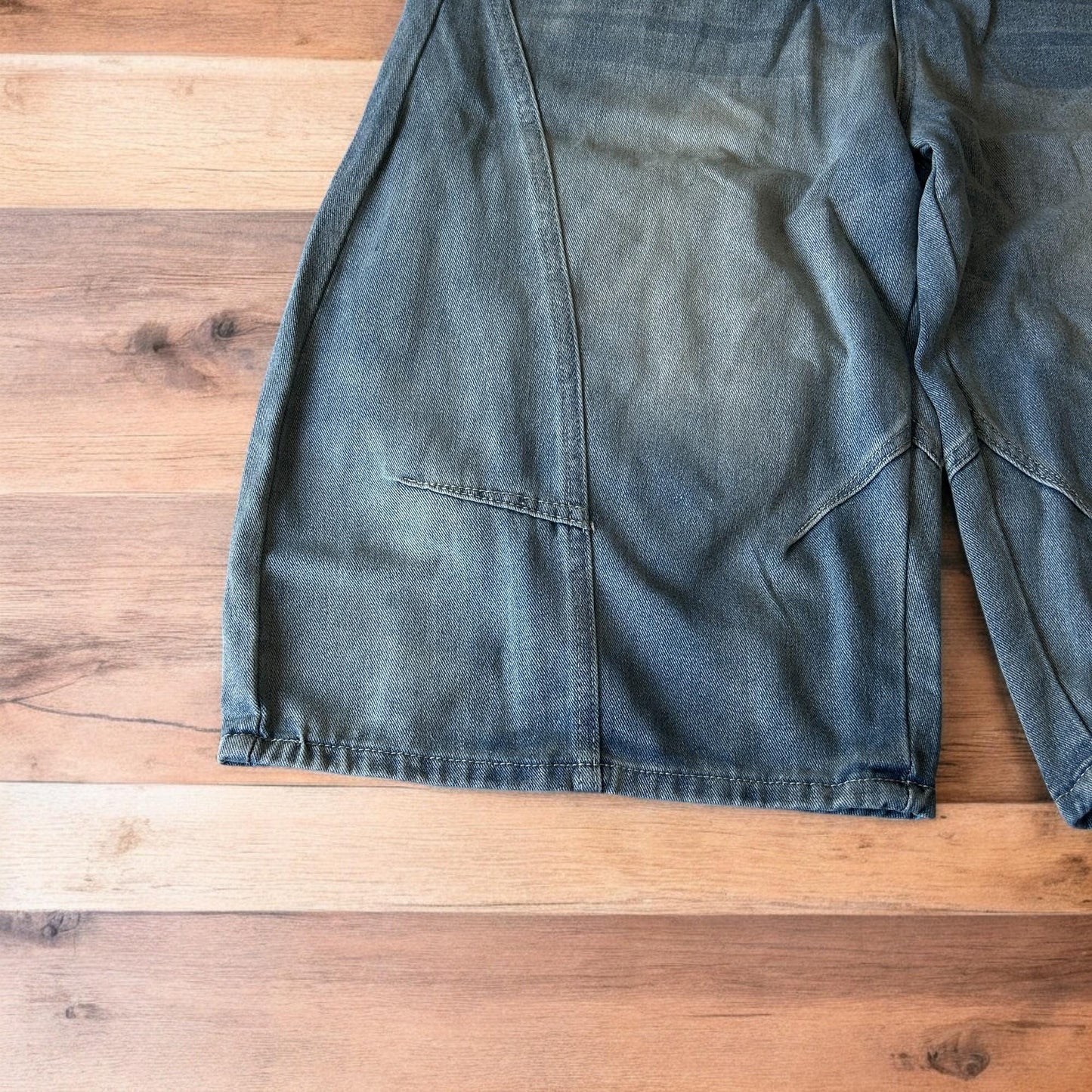 Incredible super baggy wide leg denim carpenter shorts jorts in mid blue wash.