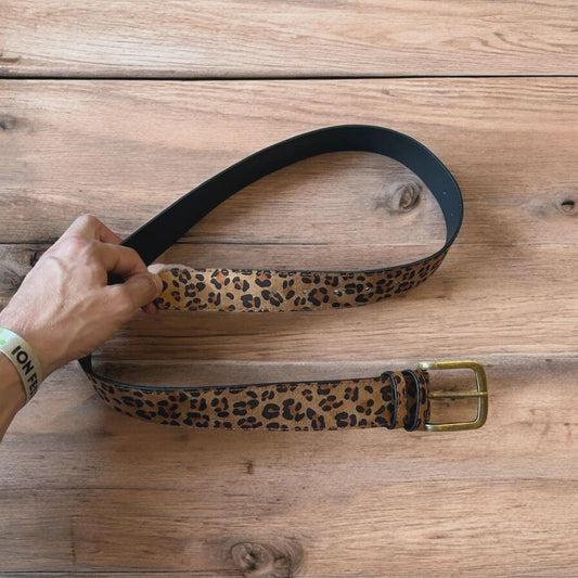 Vintage style faux leather western leopard cowboy belt with bronze trim. 105cm.
