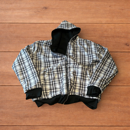 Oversized baggy reversible zip up hoodie jumper in checkered black.