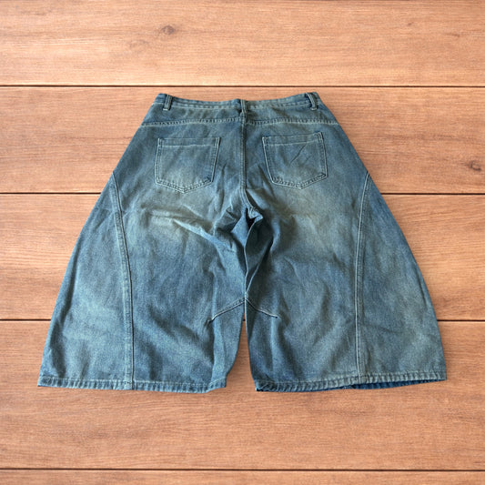 Incredible super baggy wide leg denim carpenter shorts jorts in mid blue wash.