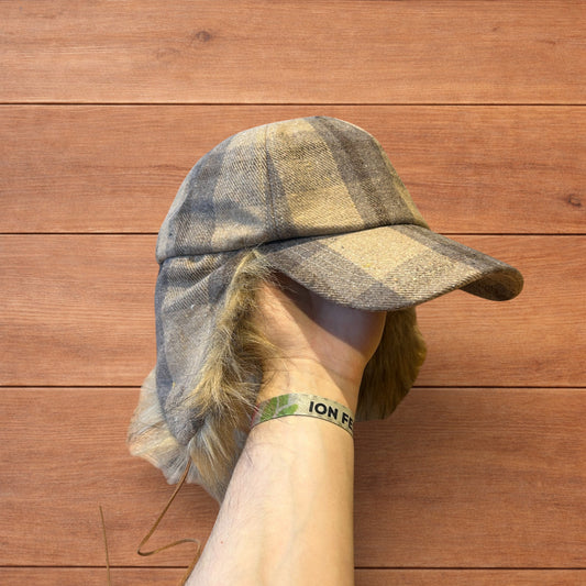 Vintage style trapper Russian ear flap hat cap in checkered beige colour way.