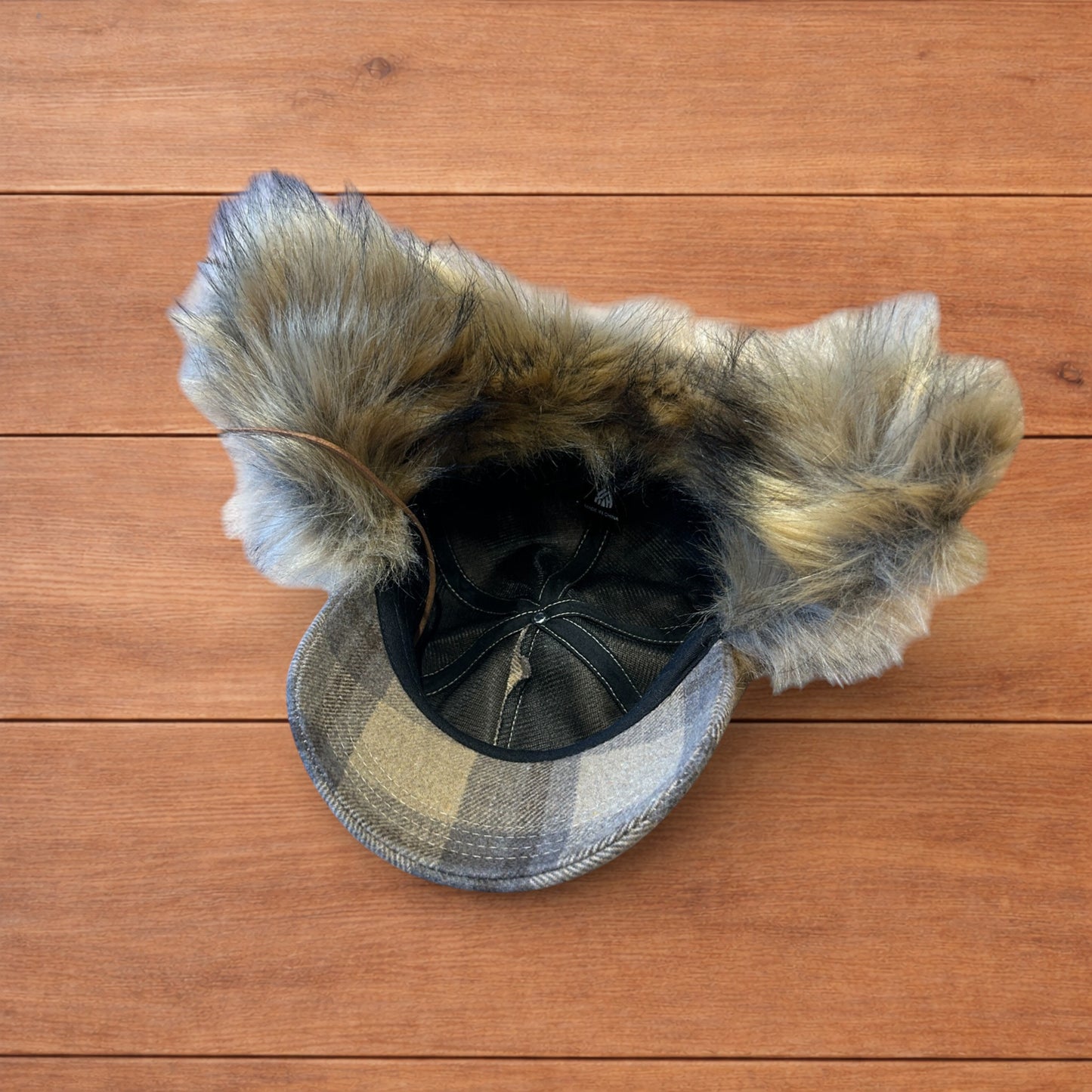 Vintage style trapper Russian ear flap hat cap in checkered beige colour way.
