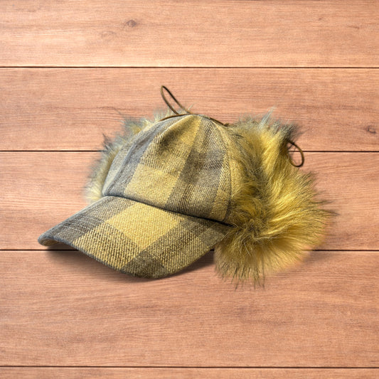 Vintage style trapper Russian ear flap hat cap in checkered beige colour way.
