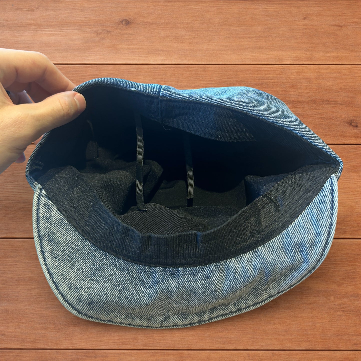 Vintage style denim newsboy painter flat cap beret in mid blue.