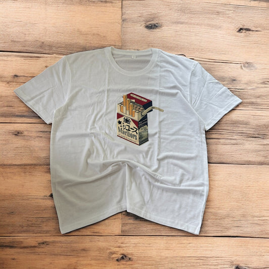 Novelty cigarettes tshirt with front graphic print in white.