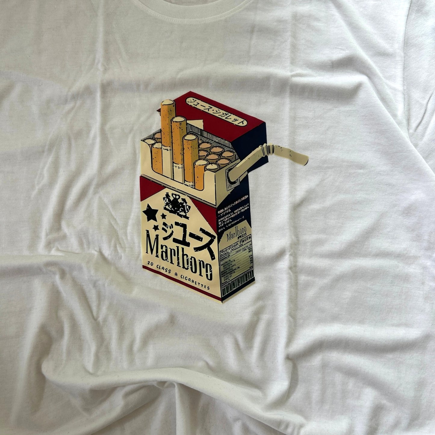 Novelty cigarettes tshirt with front graphic print in white.