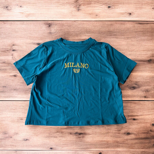 Lovely Milano top T-shirt in cyan blue with gold embroidery.