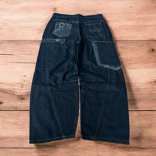 Incredible vintage style baggy wide leg skater fit jeans with leopard print in dark blue.