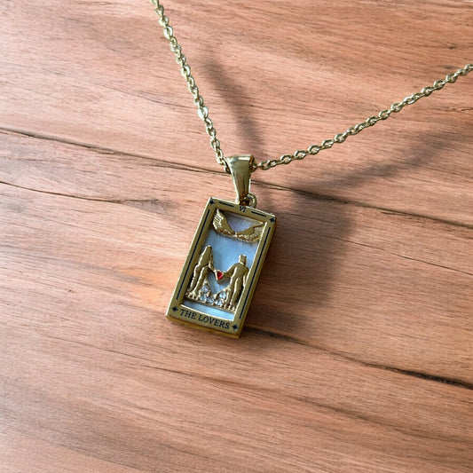 Lovely gold stainless steel pendant necklace of the lovers couple tarot .