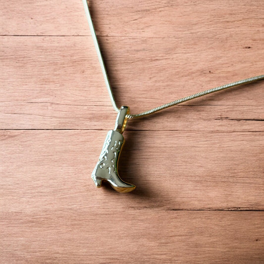 Lovely stainless steel necklace of cowboy cowgirl western boot in gold.