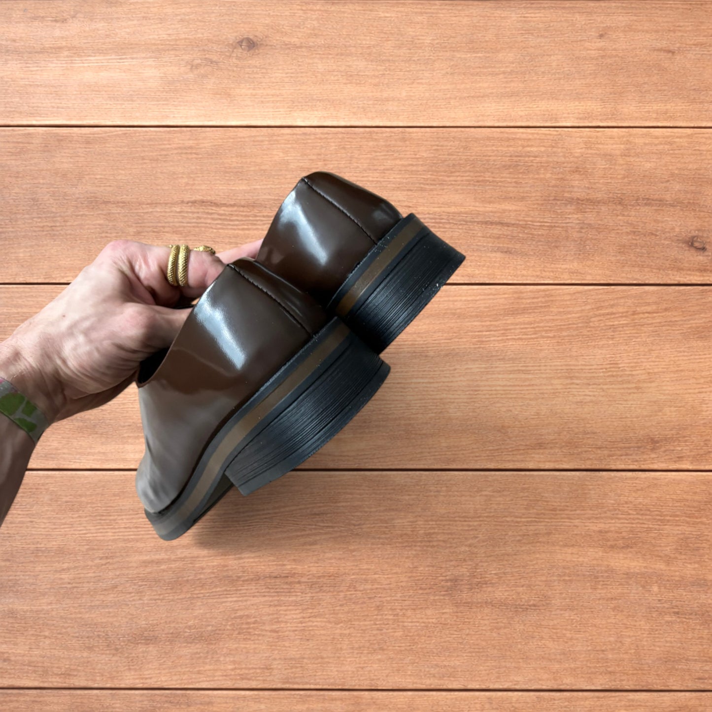 Lovely faux leather slip on loafers shoes in brown.