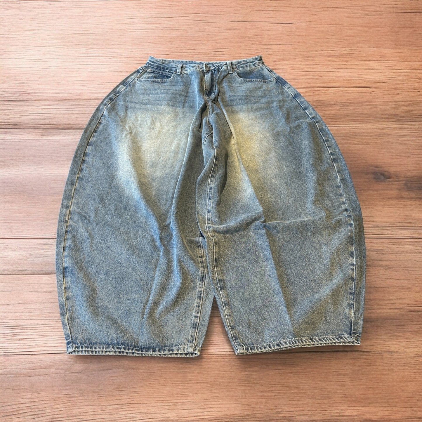 Super baggy wide leg balloon fit jeans in light blue wash.