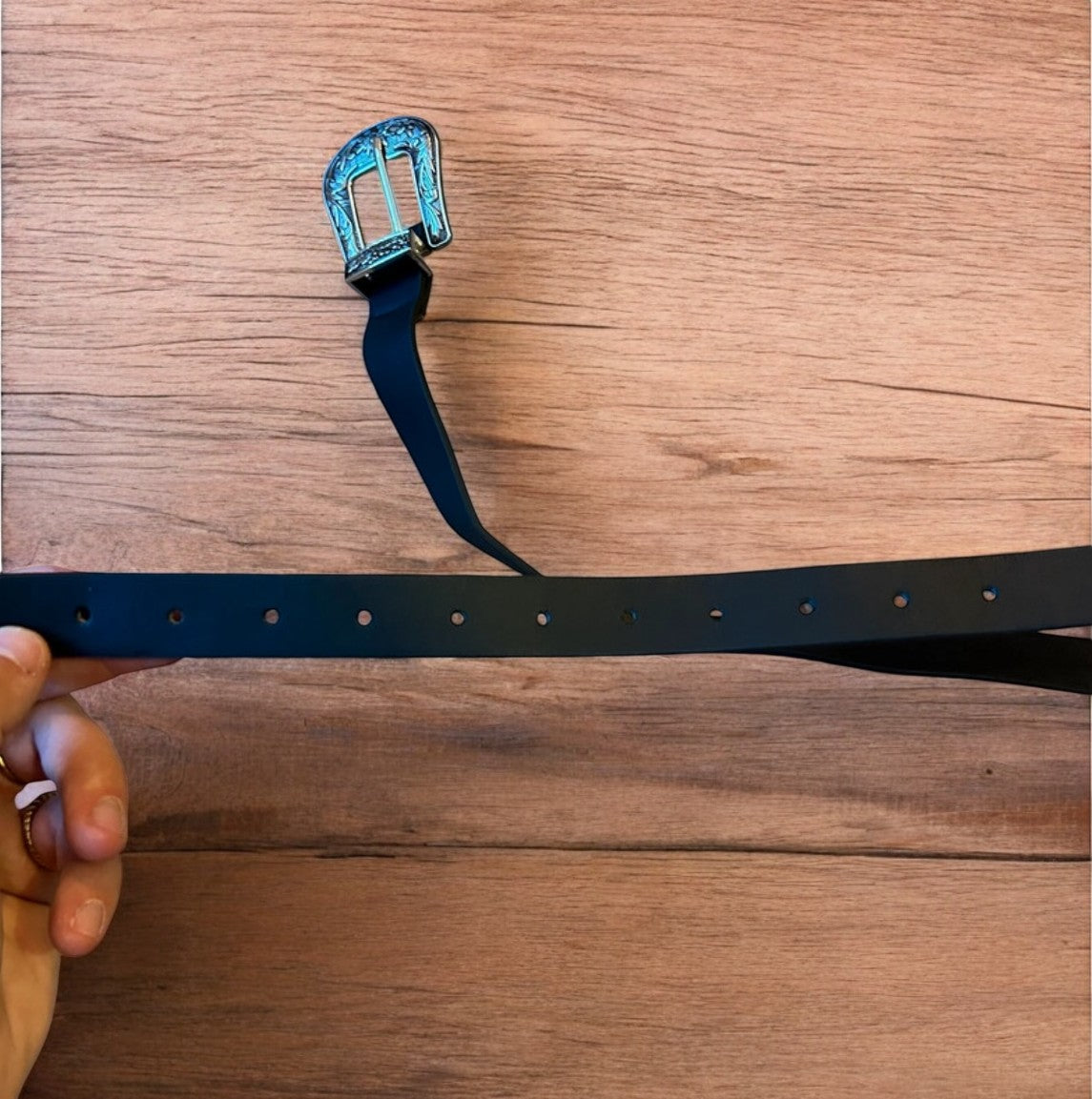 Vintage style faux leather western cowboy belt in black with silver trim. 100cm.
