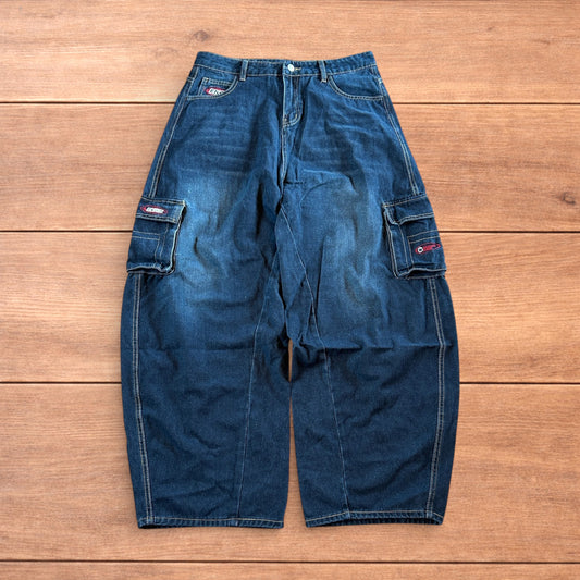 Vintage style baggy wide leg skater fit cargo jeans with embroidery in mid blue.
