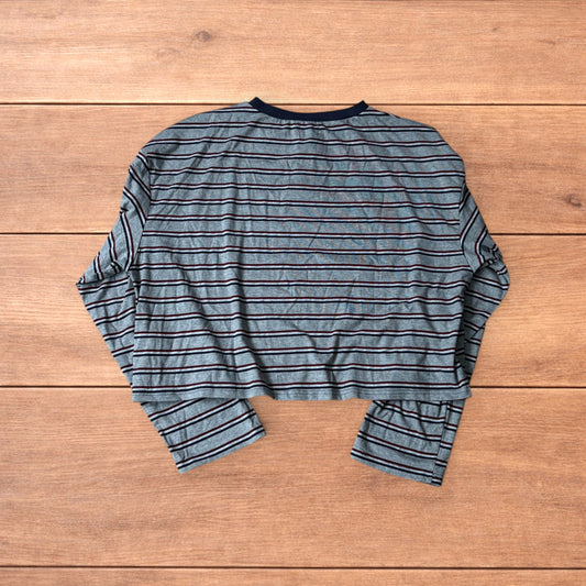 Relaxed fit striped Henley long sleeve top tshirt in grey.
