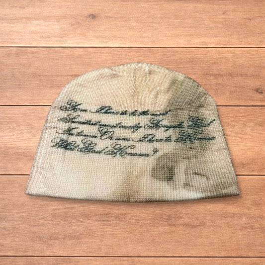 Cool Japanese vintage style beanie hat in cream/beige with graphic design.