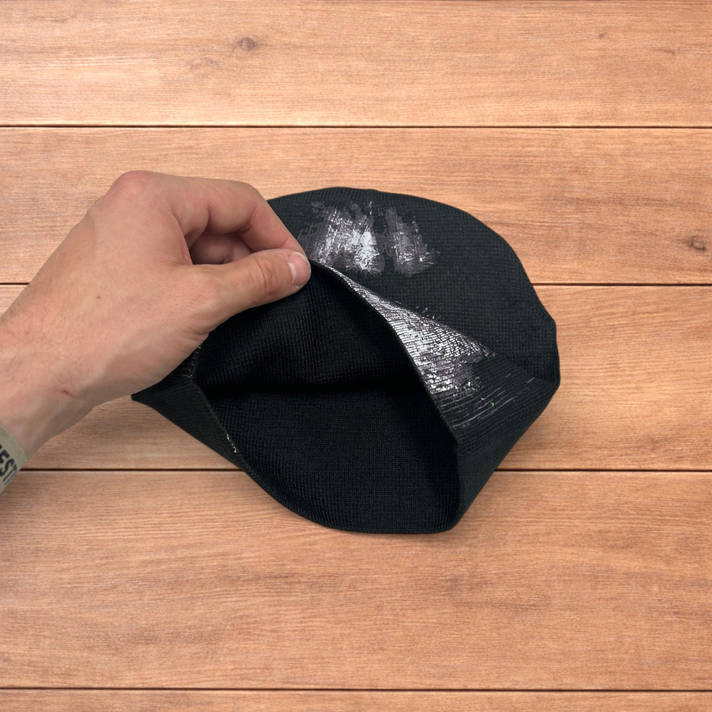 Cool Japanese vintage style beanie hat in black with graphic design.