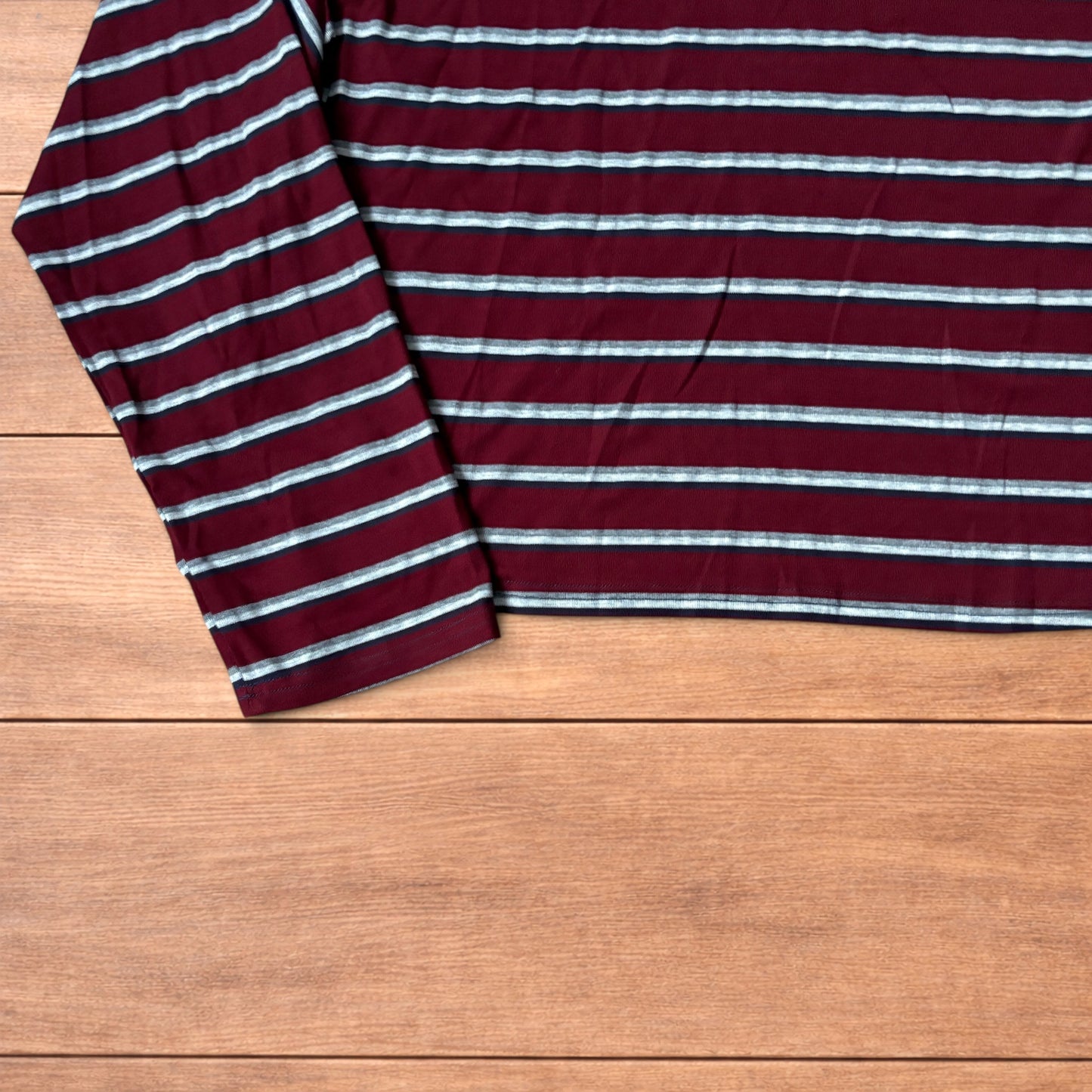 Relaxed fit striped Henley long sleeve top tshirt in red/burgundy.