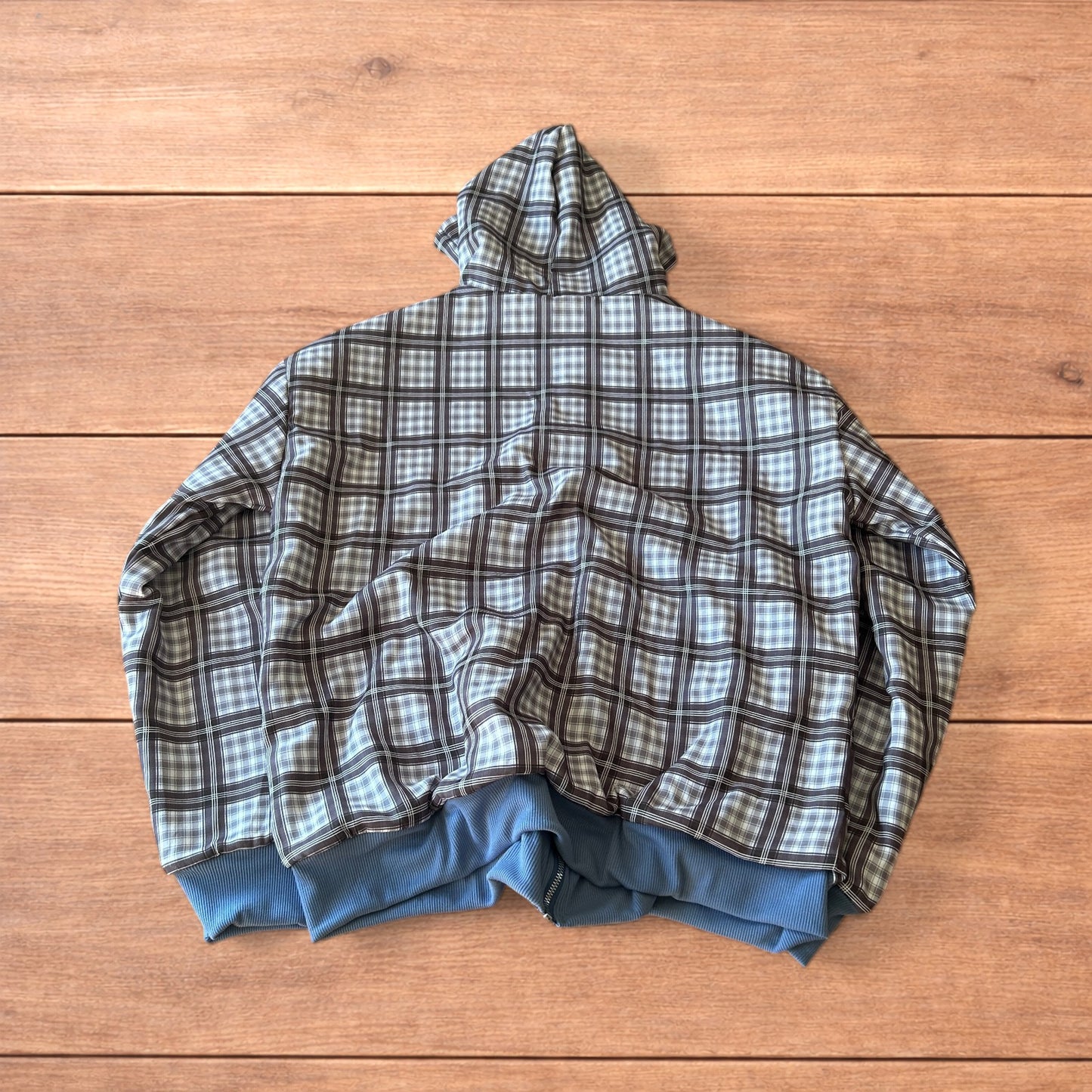 Oversized baggy reversible zip up hoodie jumper in checkered navy blue