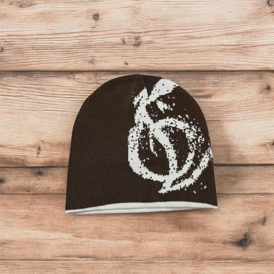 Cool Japanese vintage style beanie hat in brown with graphic design. One size.